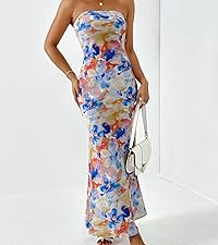 Women''s Floral Backless Long Tube Dress Strapless Cut Out Flared Hem Maxi Dresses