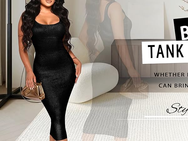 Women''s Sexy Bodycon Tank Shining Dress Scoop Neck Sleeveless Ribbed Midi Cocktail Dresses