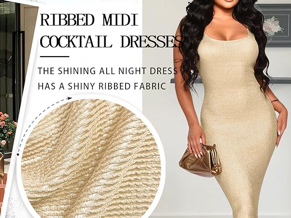 Women''s Sexy Bodycon Tank Shining Dress Scoop Neck Sleeveless Ribbed Midi Cocktail Dresses