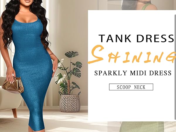 Women''s Sexy Bodycon Tank Shining Dress Scoop Neck Sleeveless Ribbed Midi Cocktail Dresses