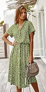 Milumia Women''s Button Front Drawstring High Waist Short Sleeve A Line Midi Dress