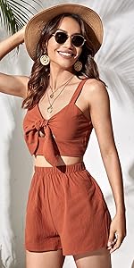 Milumia Women''s Two Piece Outfits Knot Front Shirred Sleeveless Crop Top and Shorts Set