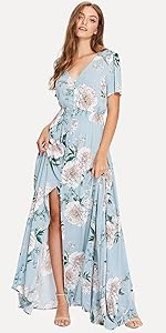 Milumia Women Floral Print Flowy Short Sleeves Button Down Split Long Maxi Dress