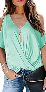 light green tops for women summer v neck