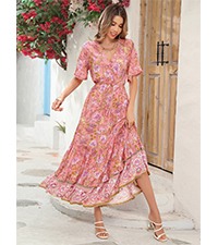 Women''s Summer Short Sleeve V Neck Boho Floral Print Flowy Midi Dress