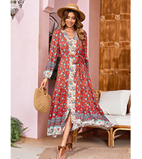 Women''s Long Sleeve Boho V Neck Floral Print Casual Button Down Loose Ruffle Midi Dress with Belt