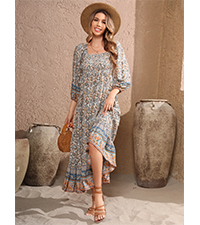 Women''s 3/4 Sleeve Square Neck Boho Print Empire Waist Ruffle Flowy Smocked Midi Dress