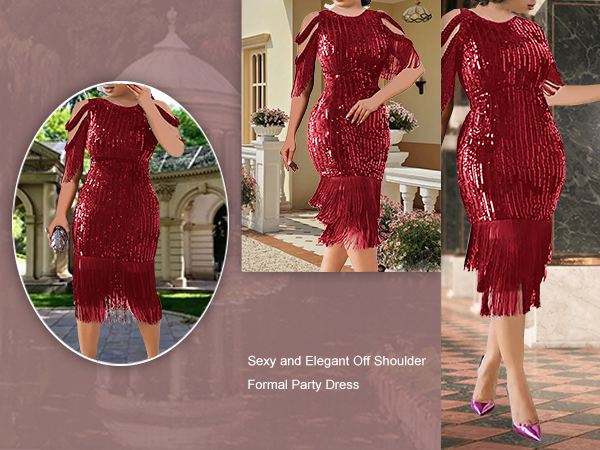 Cololura Sexy Elegant Women Sequin Long Sleeve Tassel Midi Evening Gown Formal Dress