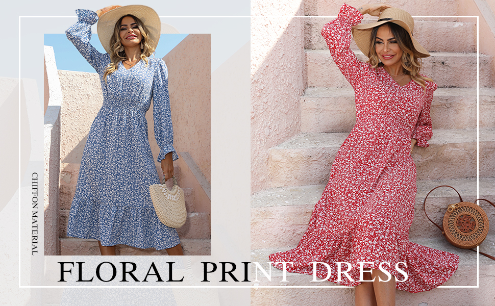 floral boho dresses for women v neck fall dresses for women 2021 midi pretty garden dresses pleated