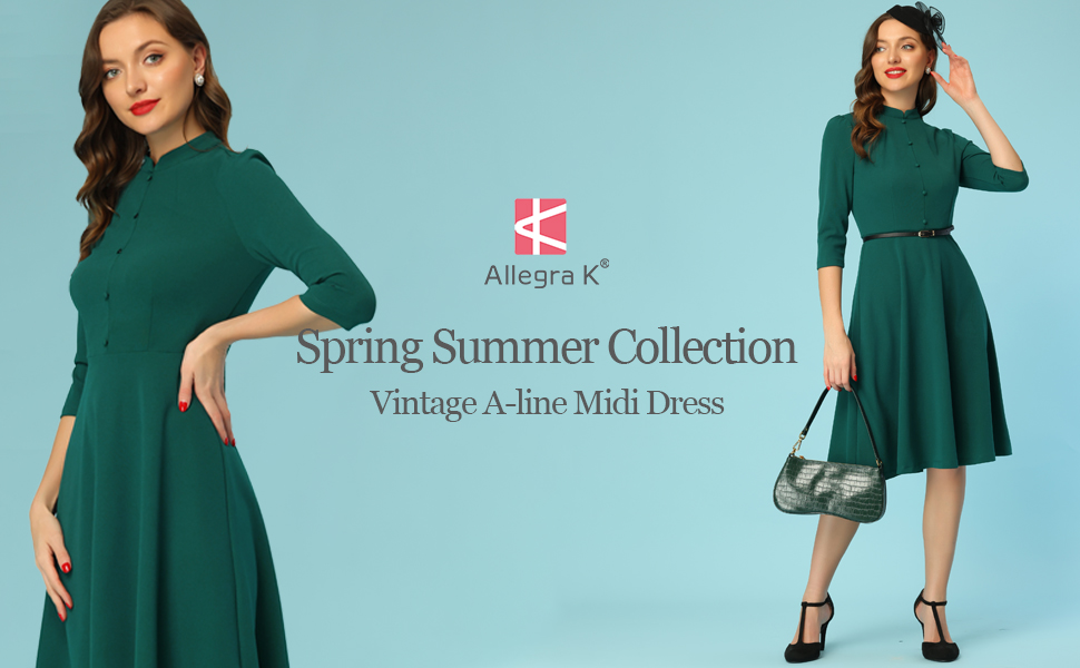 Allegra K Vintage Dresses for Women''s 3/4 Sleeves Stand Collar Office Work Elegant A-Line Dress