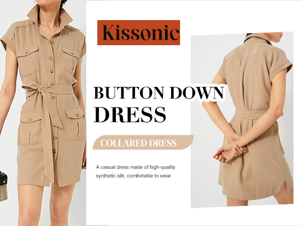 Womens Button Down Collar Neck Shirt Dress with Pockets Casual Loose Tie Waist Midi Dresses