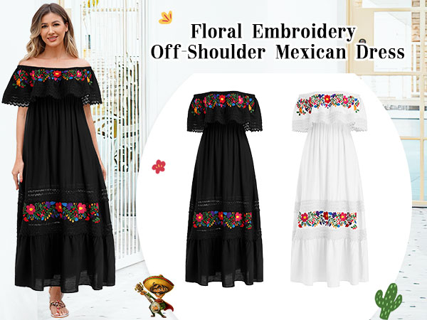 Mexican Dress for Women Floral Embroidery Maxi Off-Shoulder