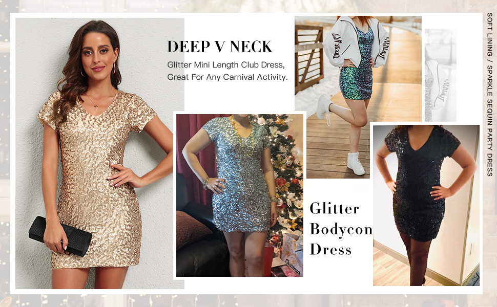 Women''s Sequin Glitter Short Sleeve Dress Sexy V Neck Mini Party Club Bodycon Dresses