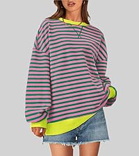 Womens Striped Oversized Sweatshirt Color Block Crew Neck Long Sleeve Casual Loose Pullover Top Y2K