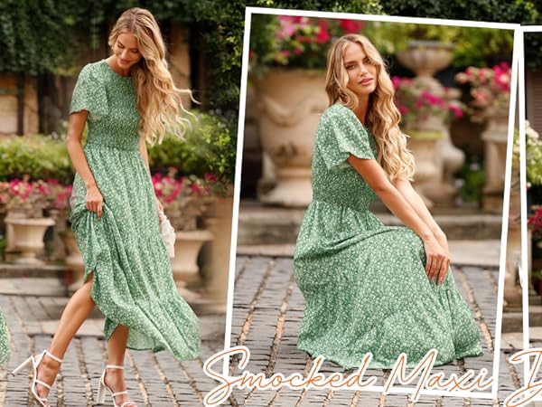 short sleeve dress for women beach Smocked Tired Maxi Dress Floral summer dresses for women 2023