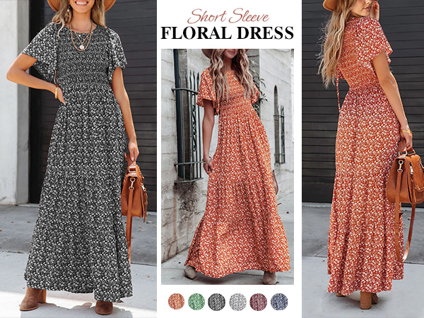 short sleeve Smocked dress women Tired Maxi Dress Floral spring dresses for women 2023 maxi length