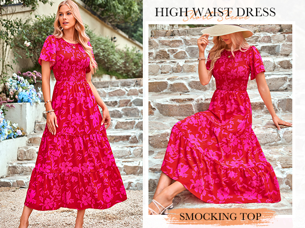 Summer Casual Flutter Short Sleeve Boho Floral Maxi Dress Crew Neck Smocked Tiered Long Dresses