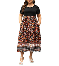 Nemidor Womens Plus Size Summer Short Sleeve Boho Print Flared Long Dress