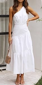 Women''s Summer Cotton Boho One Shoulder Knot Sleeveless Ruffle A-Line Flowy Midi Dress