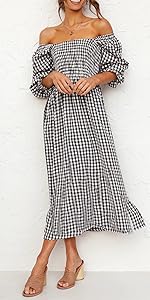 Womens Off-Shoulder Dress Long Sleeve Smocked Flowy Midi Dress