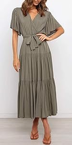 Womens Summer Casual Ruffle Flowy Midi Dress with Belt