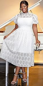 AOMEI Women''s White Hollow Out Lace Short Sleeve High Waist Elegant A-Line Midi Dress