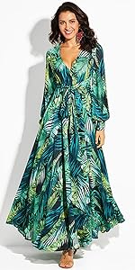 Womens Maxi Dress Long Sleeve V Neck Print Long Dress