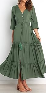 Womens Summer Long Sleeve Casual Button-Up Maxi Dress