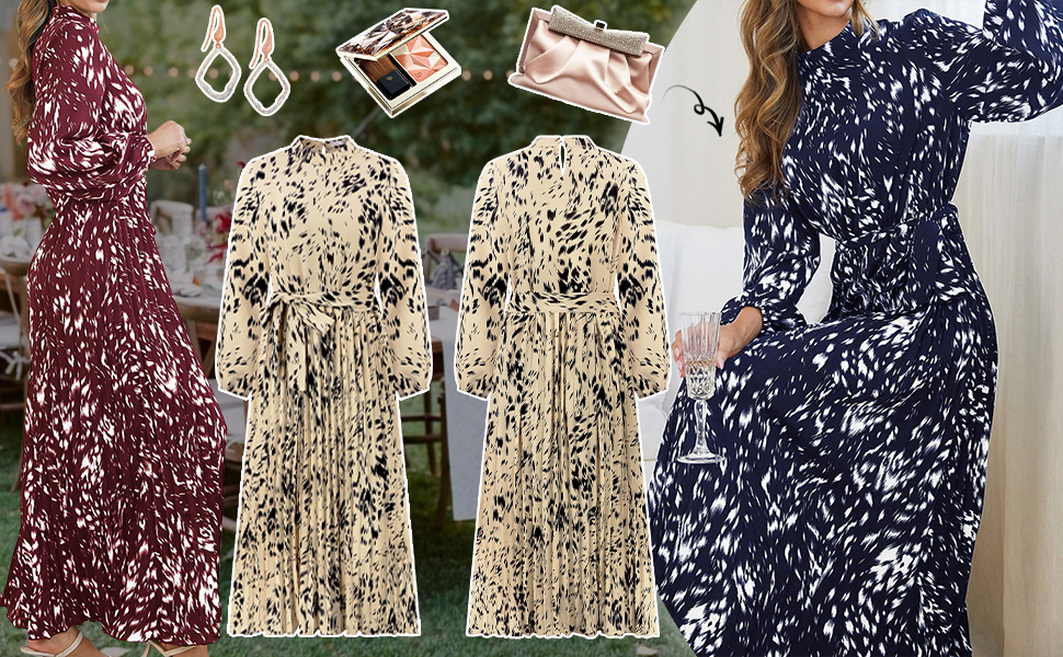 R.Vivimos Wedding Guest Dresses for Women Long Sleeve Elegant Print Pleated Maxi Dress