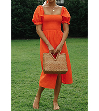 Womens Summer Puff Sleeve Elastic Smocked A-Line Slit Midi Dress