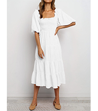 Womens Summer Puff Sleeve Elastic Smocked Tiered Ruffle Casual A-Line Midi Dress