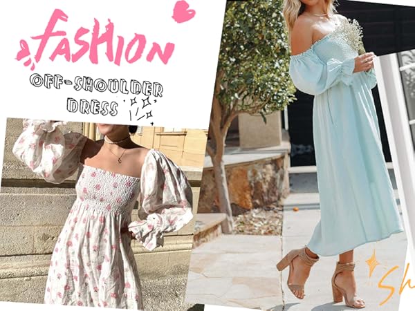 Women&#39;s Summer Long Sleeve Off-Shoulder Elastic Smocked A-Line Flowy Midi Dress