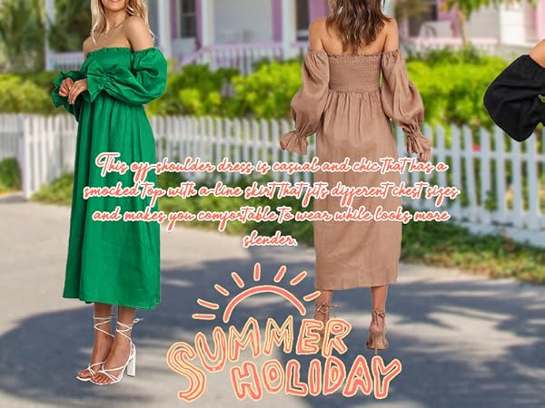 Women&#39;s Summer Long Sleeve Off-Shoulder Elastic Smocked A-Line Flowy Midi Dress