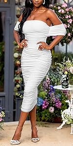 Women''s Sexy Bodycon Ruched Off Shoulder Short Sleeve Elegant Evening Party Cocktail Midi Dress