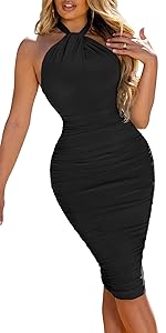 Women''s Sexy Bodycon Sleeveless Backless Ruched Halter Neck Party Club Cocktail Midi Dress