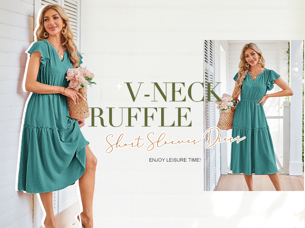  V neck ruffle short sleeves dress