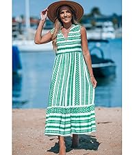 green v neck striped sleeveless maxi dress ruffled long dress