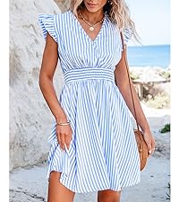 v neck flutter sleeve blue stripes mini dress a line summer dress