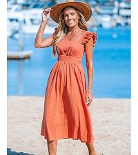 orange square neck midi dress for women