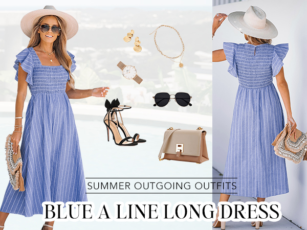 blue striped smocked short sleeve long a line dress for women