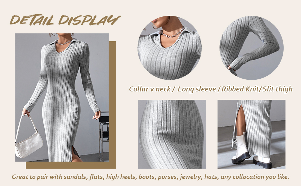 Women''s Long Sleeve Collar V Neck Maxi Dress Slit Thigh Ribbed Knit Bodycon Dresses