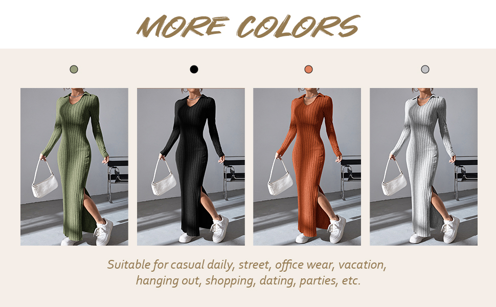 Women''s Long Sleeve Collar V Neck Maxi Dress Slit Thigh Ribbed Knit Bodycon Dresses