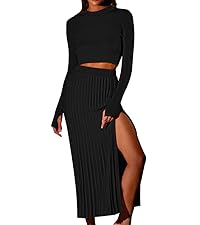 Sweater Skirt Set Women Long Sleeve Top Pleated Bodycon Midi Skirts 2 Piece Outfits Sweatsuits