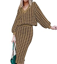 Duigluw Women 2 Piece Skirt Set Winter Houndstooth Pattern Knit Long Sleeve Top Bodycon Midi Dress