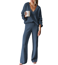 Duigluw Tracksuit For Women Set Knit Deep V Neck Pullover Top Wide Leg Pants Ribbed Sweater Set