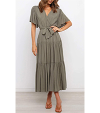 Summer Dress for Women Cotton Ruffle Short Sleeves V Neck Casual Flowy Midi Dress with Belt