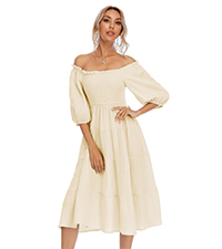 Women&#39;s Summer Cotton Lantern Sleeves Ruffled Off Shoulder A-Line Midi Dresses