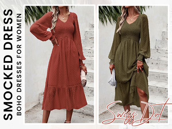 smocked v neck long sleeve dress for women 2023 fall swiss dot wedding guest dresses for women 2023