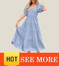 Womens Spring Dresses 2024 Puff Sleeve V Neck Swiss Dot High Waist Chiffon Smocked Maxi Dresses