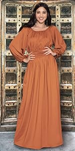 Womens Long Sleeve Casual Cocktail Flowy V-Neck Gown Maxi Dress